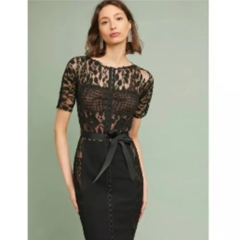 Bequile Byron‎ Lars Anthropologie Dress Size 4 Black Lace Sheath Cocktail Retro - Picture 2 of 11